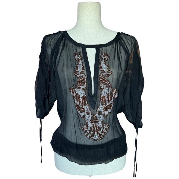 Gold Hawk Tops - Gold Hawk Vintage Beaded Blouse Silk Sheer Black Top Boho  L